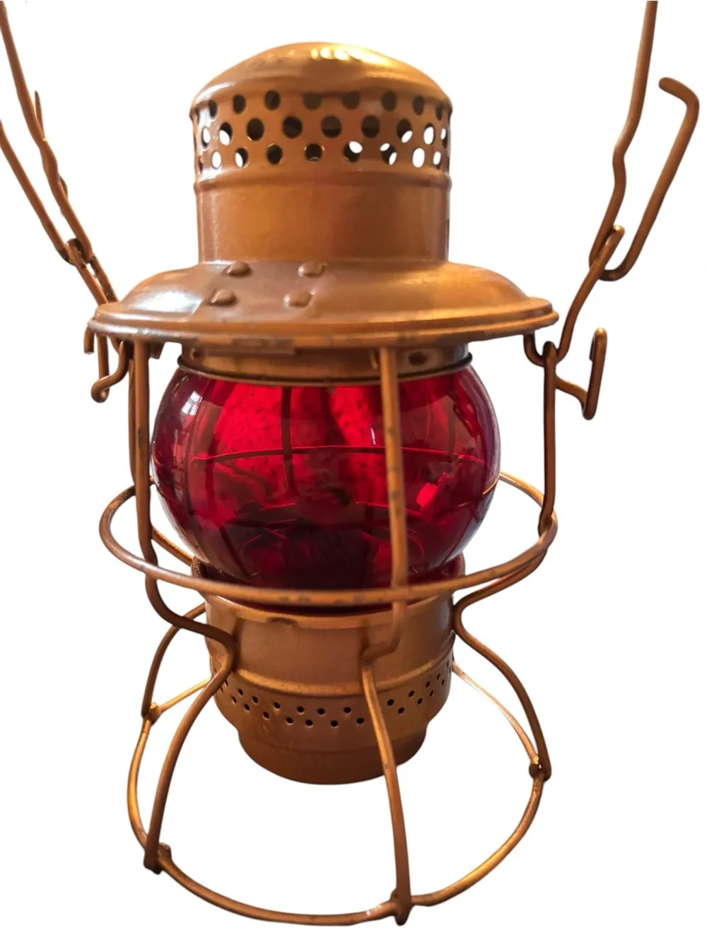 Pair of Vintage Adlake Kero Railroad Lanterns with Red Globes|Bronze Finish